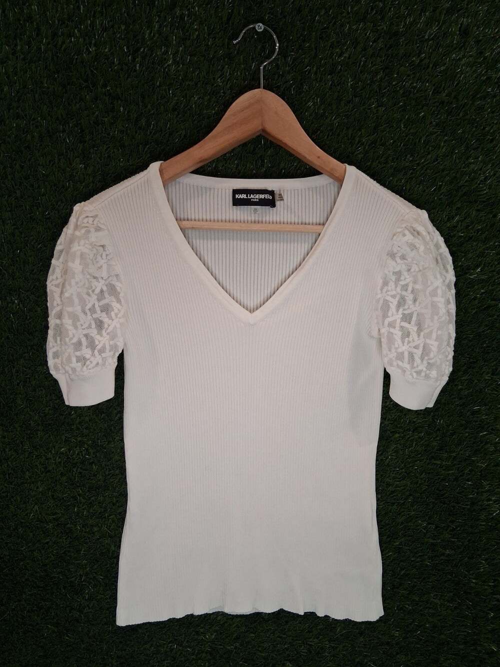 Karl Lagerfeld Paris Women's Lace Puff Sleeve Ribbed Knit Sweater White XS